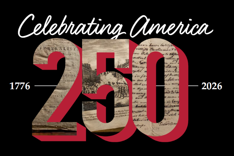 black, red, beige with words 'Celebrating America 250'