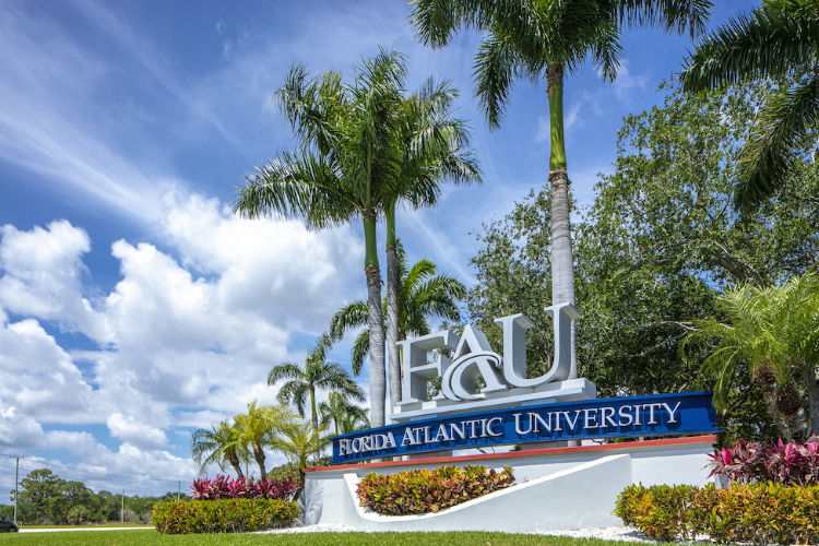 entrance of FAU with palm trees, FAU sign, and blue sky
