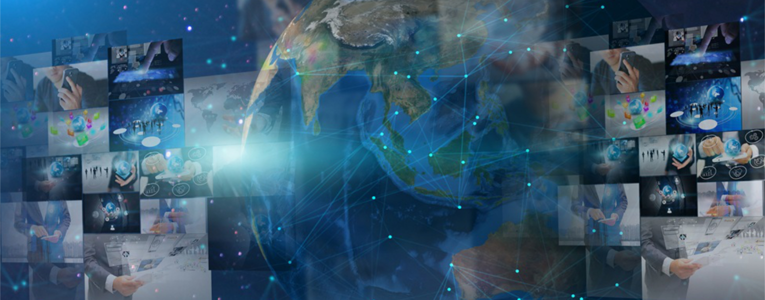 A stylized digital graphic of planet Earth surrounded by a web of glowing, interconnected nodes and lines, with various semi-transparent images of business professionals, technology, and global connectivity floating on either side against a deep blue, starry background.