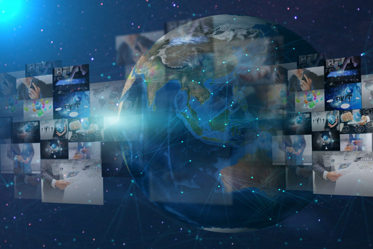 A stylized digital graphic of planet Earth surrounded by a web of glowing, interconnected nodes and lines, with various semi-transparent images of business professionals, technology, and global connectivity floating on either side against a deep blue, starry background.