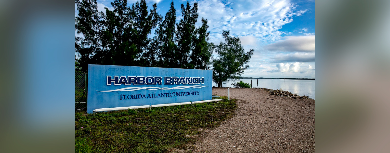HBOI entrance sign with evergreen trees and blue sky