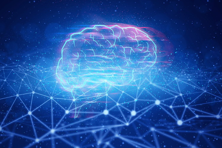 brain illustration on abstract blue and white background