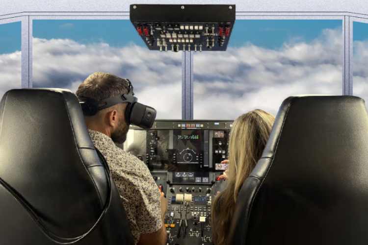 Two people in flight simulator