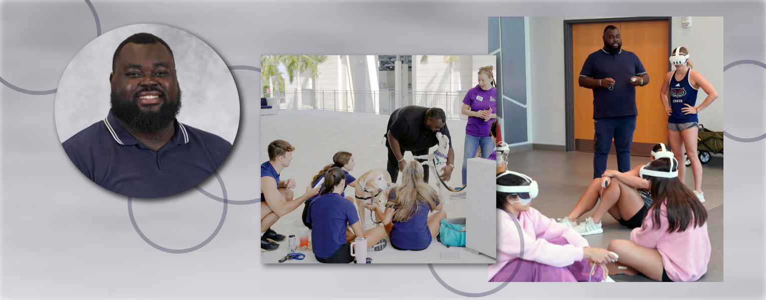 Terrance Tarver, Ph.D., right, with student-athletes in puppy playtime during Powerful Minds Week