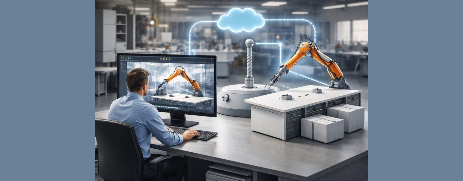 man looking at robotic arm on monitor