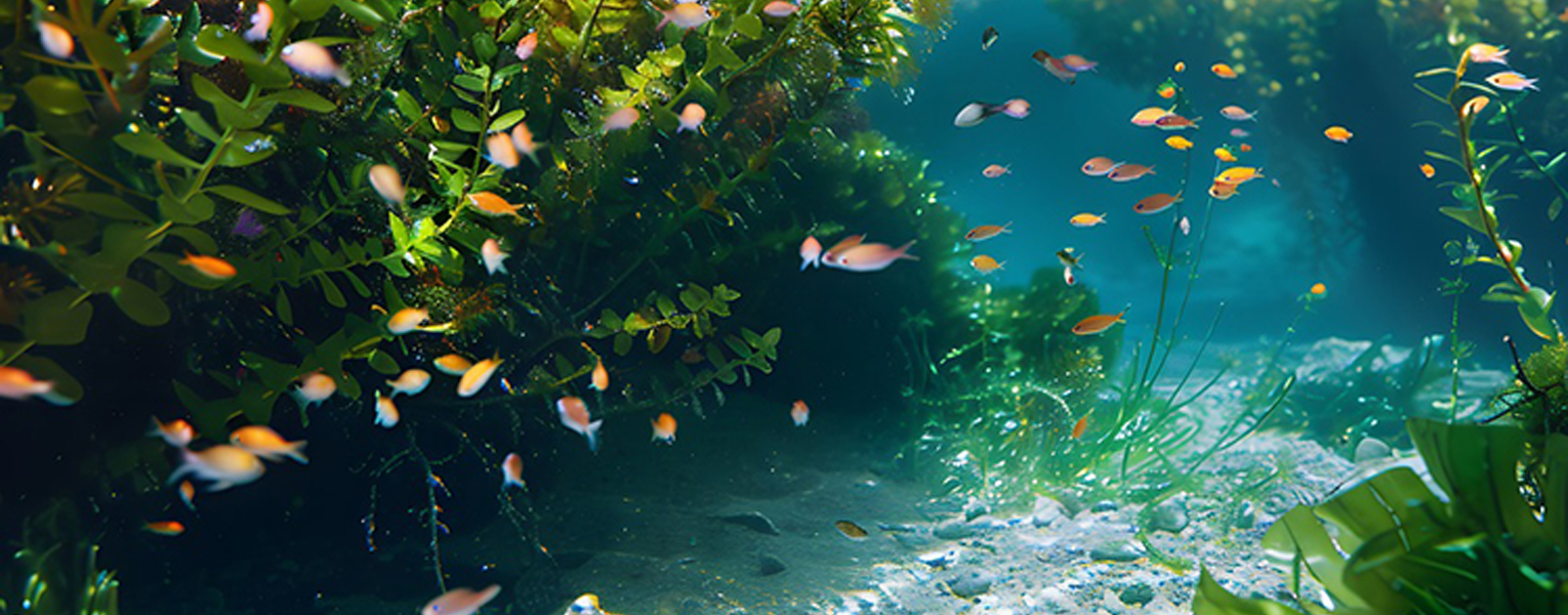 fishes swimming on colorful coral background