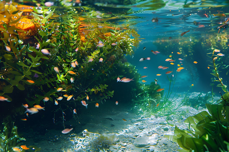 fishes swimming on colorful coral background