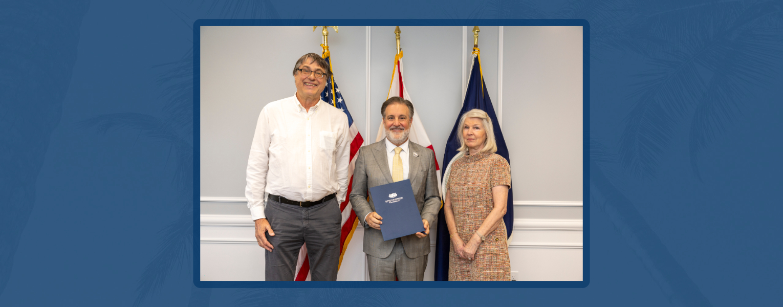 From left, Leif Carlsson, Ph.D., FAU President Adam Hasner and Seija Carlsson