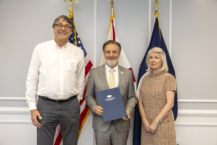 From left, Leif Carlsson, Ph.D., FAU President Adam Hasner and Seija Carlsson