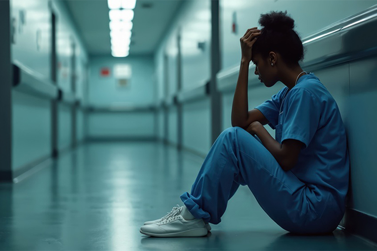 nurse sitting in dim hallway with head in hands