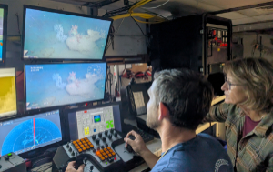 Remotely operated vehicle pilot Tim Scott and Sandra Brooke, Ph.D., viewing the live fee from the seafloor during an ROV Mohawk dive.