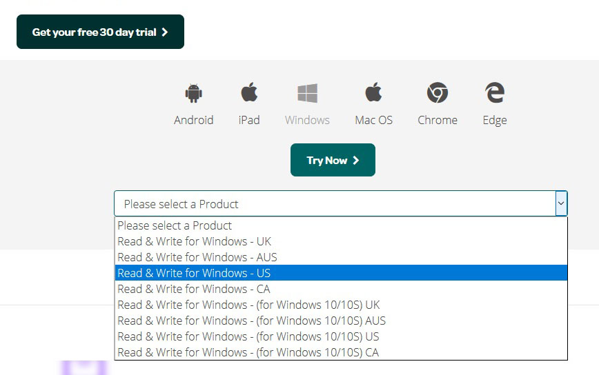 List of Read&Write products in dropdown menu