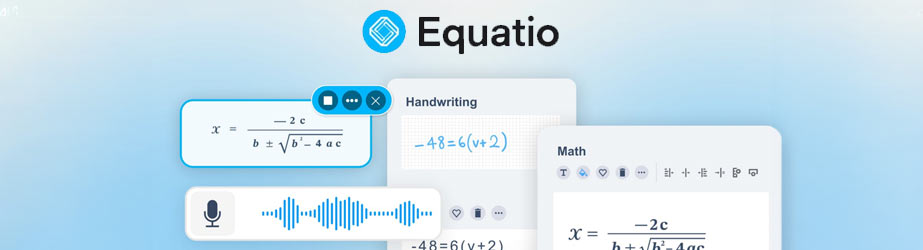 EquatIO blue header for math, handwriting and sound