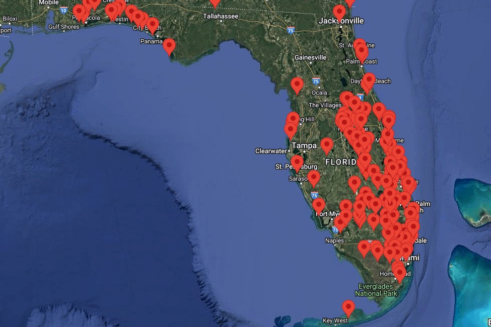 map of florida with red pin icons