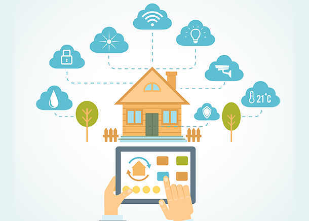 Infographic: Diagram showing a hand holding a smart tablet controlling an orange house connected to various blue cloud icons representing smart energy, security, and climate monitoring.