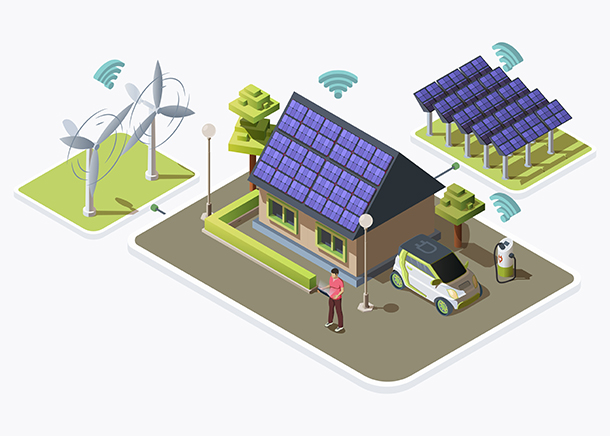 Infographic: Smart home with solar panels and windmills, illustrating integration with electric vehicle charging and Wi-Fi-enabled smart grid technologies.