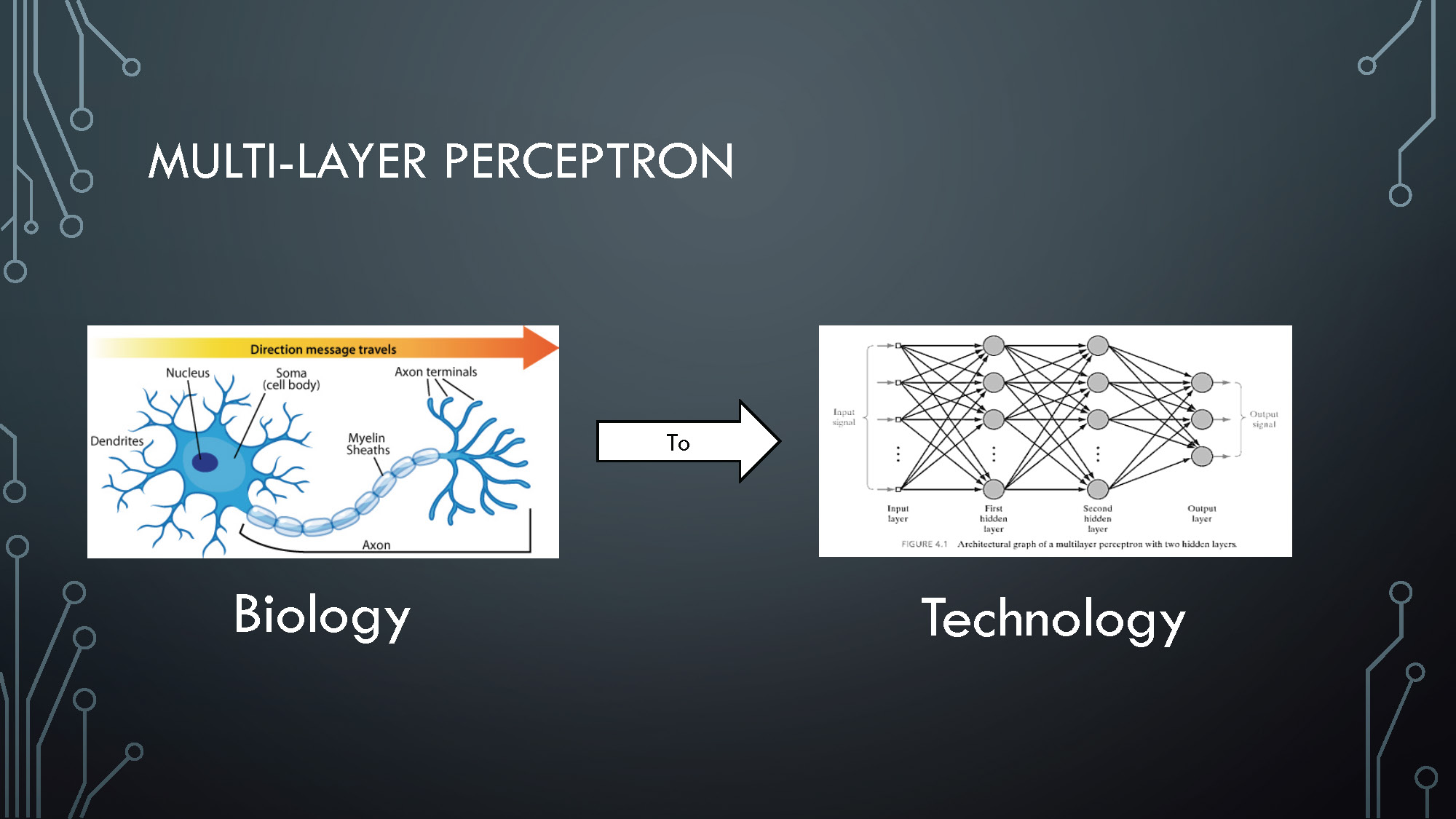 Slide 9: Multi-layer perceptron explanation showing the connection between biological neural networks and artificial neural network technology