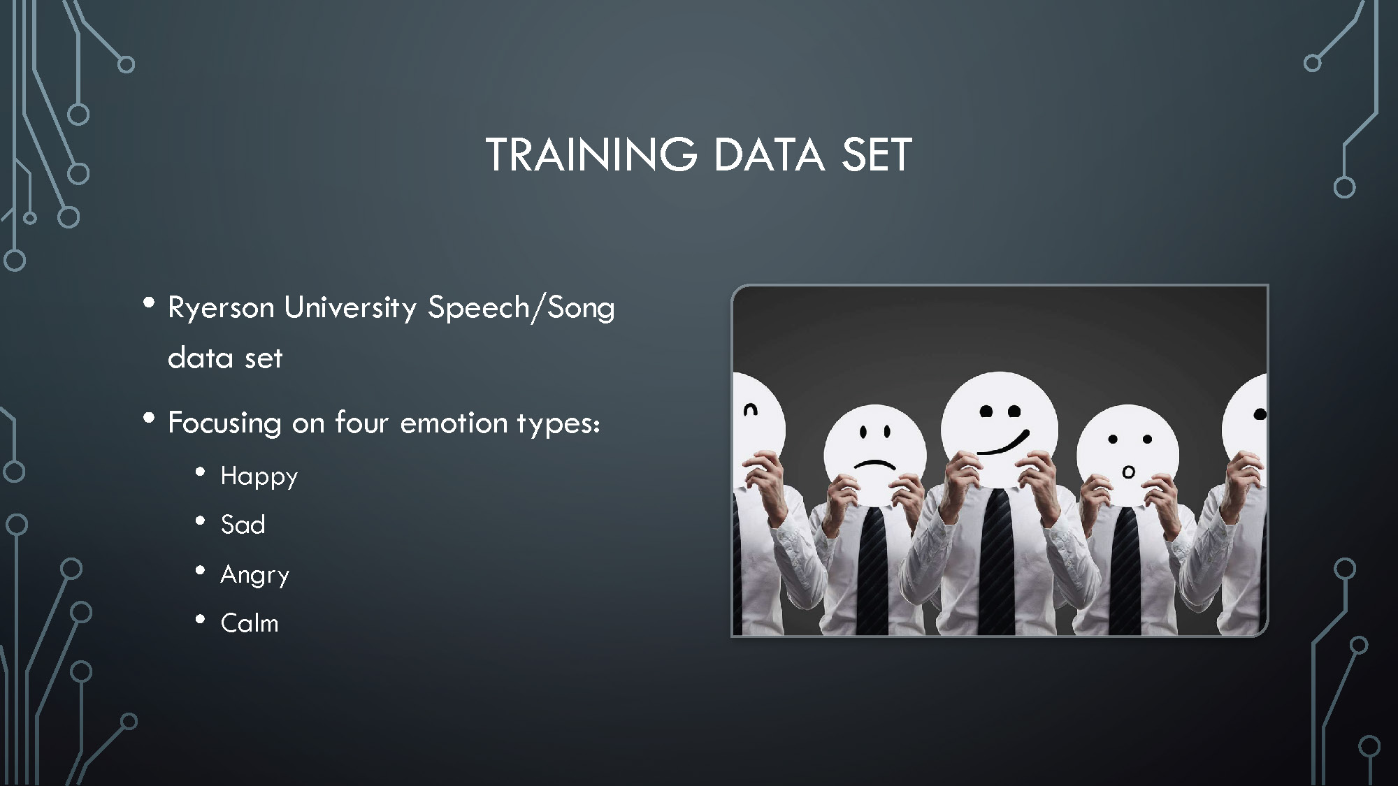 Slide 10: Training data set information using Ryerson University Speech/Song data focusing on four emotion types