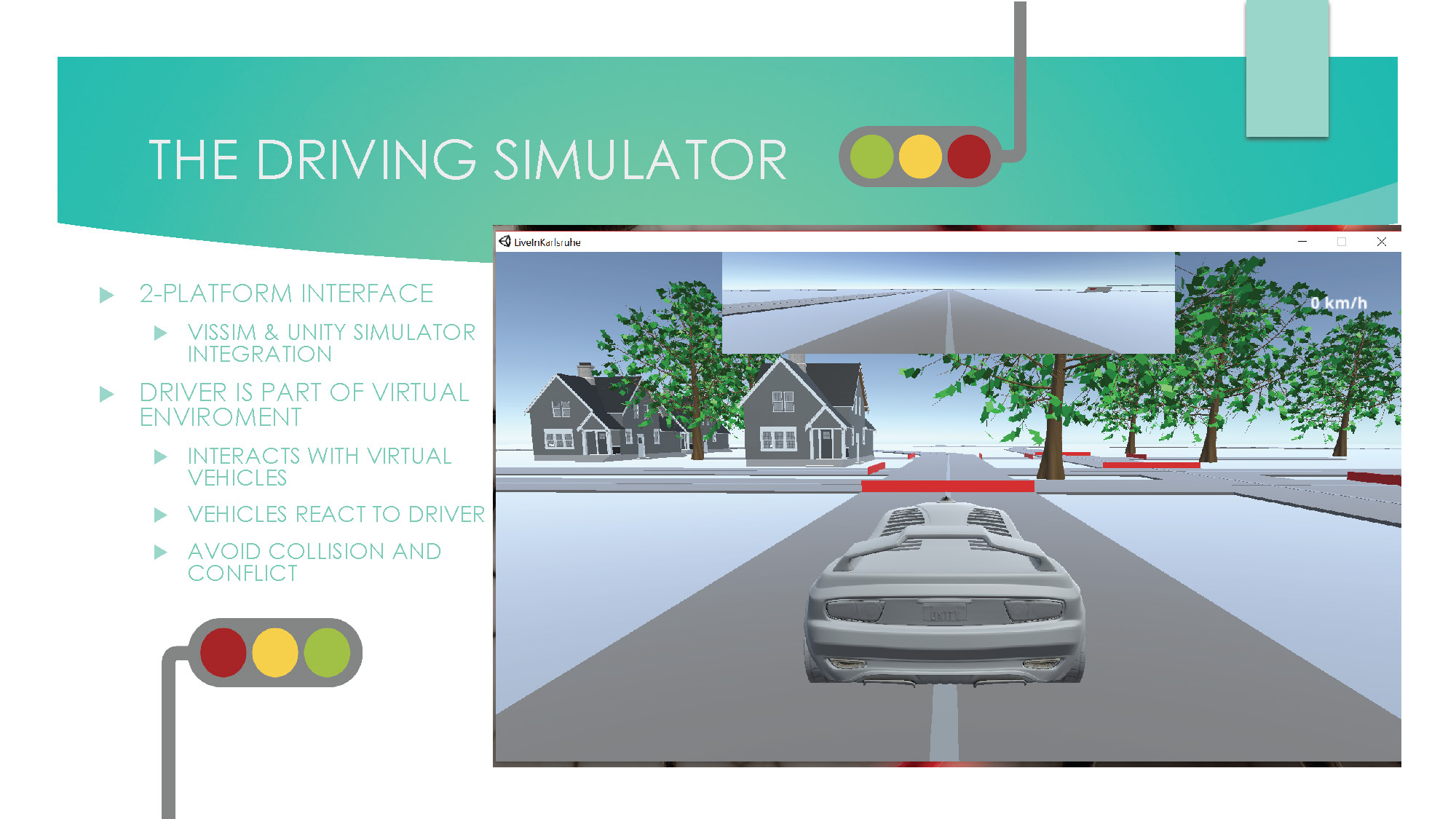 Slide 7: Driving simulator features including platform integration and virtual environment interaction