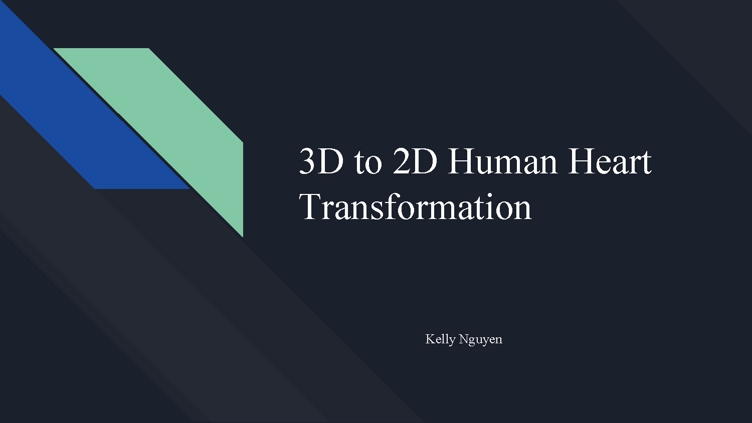 Slide 1: Title slide for 3D to 2D Human Heart Transformation presentation by Kelly Nguyen