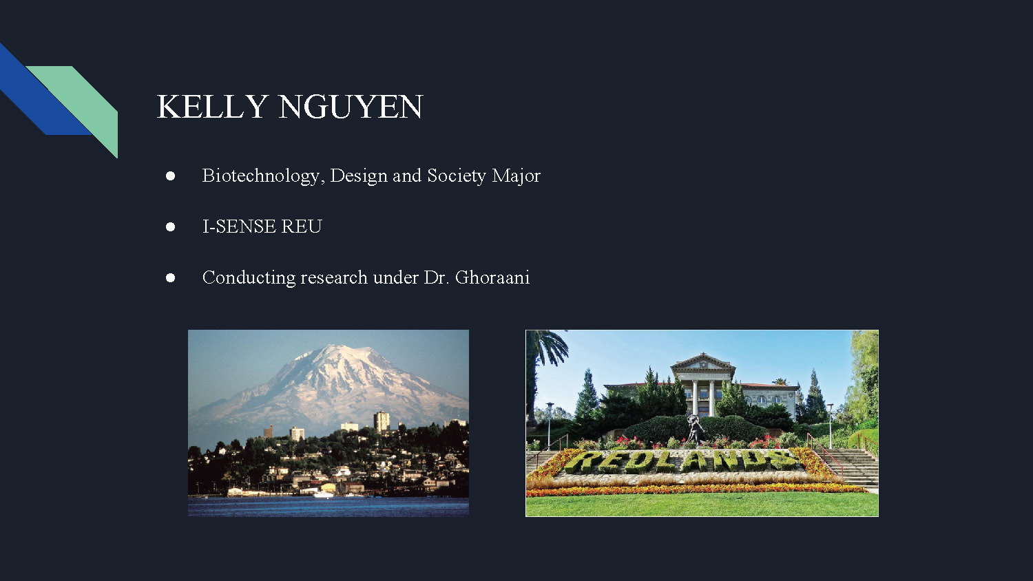 Slide 2: Introduction slide for Kelly Nguyen, Biotechnology student conducting research under Dr. Ghoraani