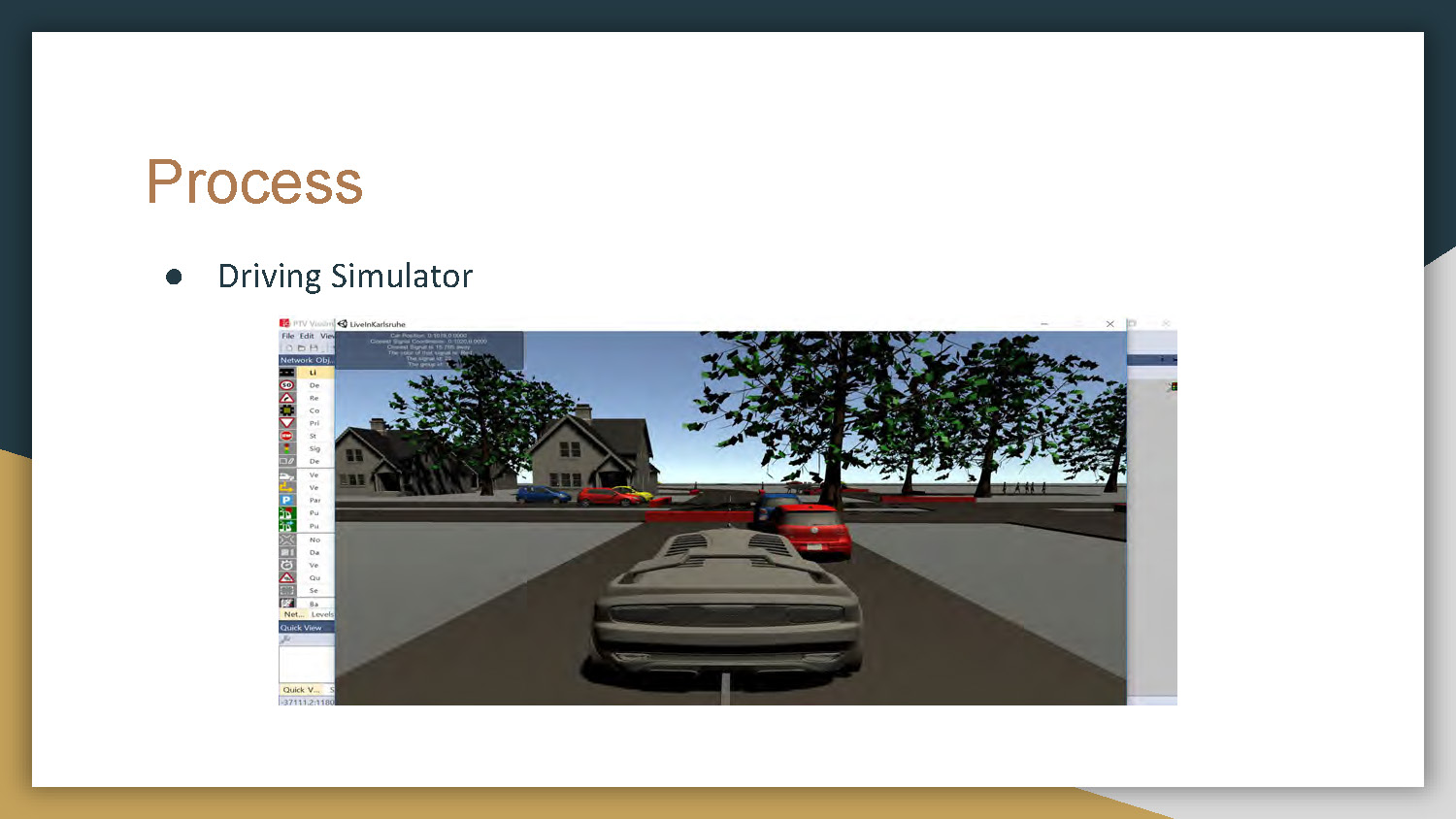 Slide 4: Process overview showing the driving simulator development approach