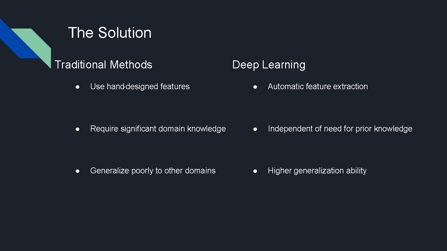 Slide 4: Solution comparison between traditional methods and deep learning approaches
