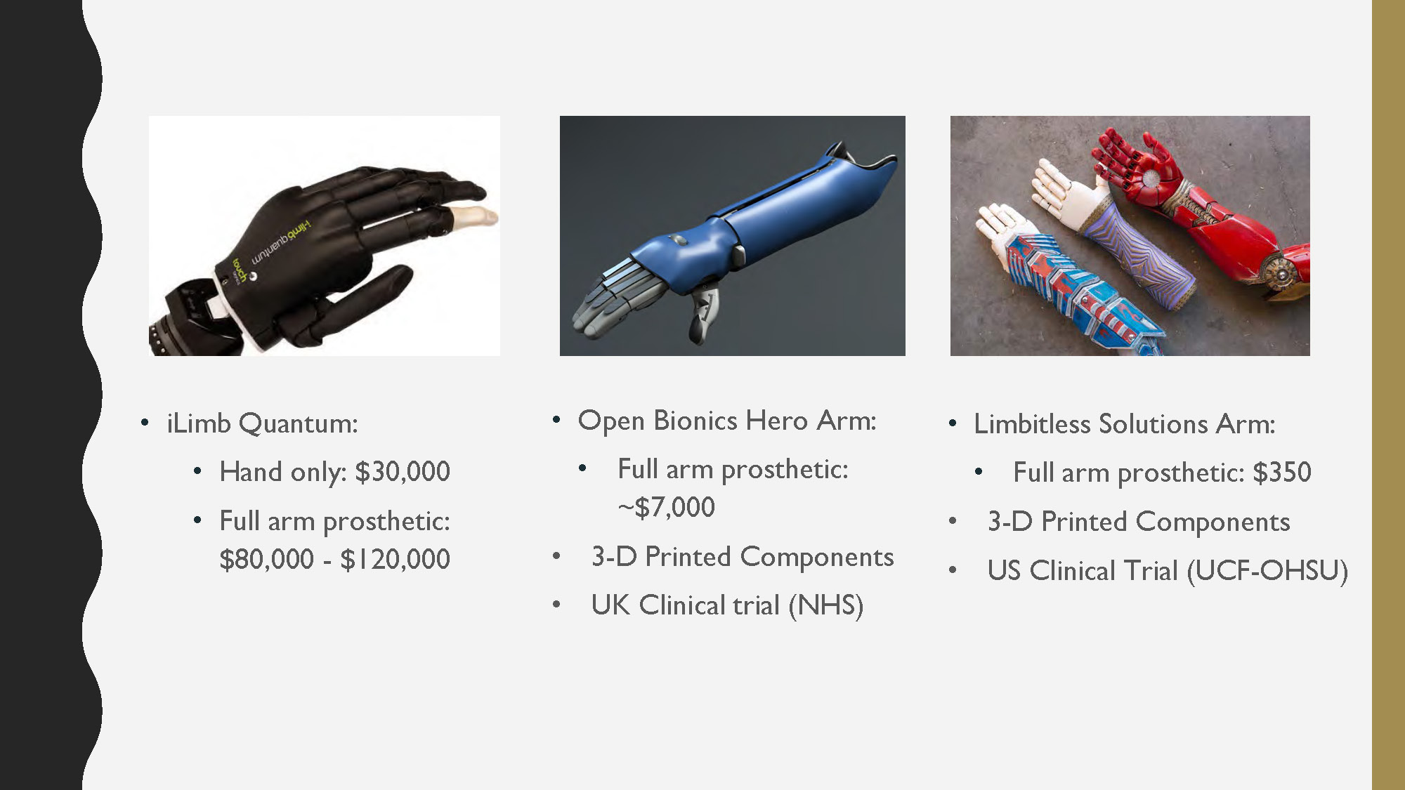 Slide 4: Motivation slide comparing prosthetic costs such as iLimb Quantum, Open Bionics Hero Arm, and Limbitless Solutions Arm.