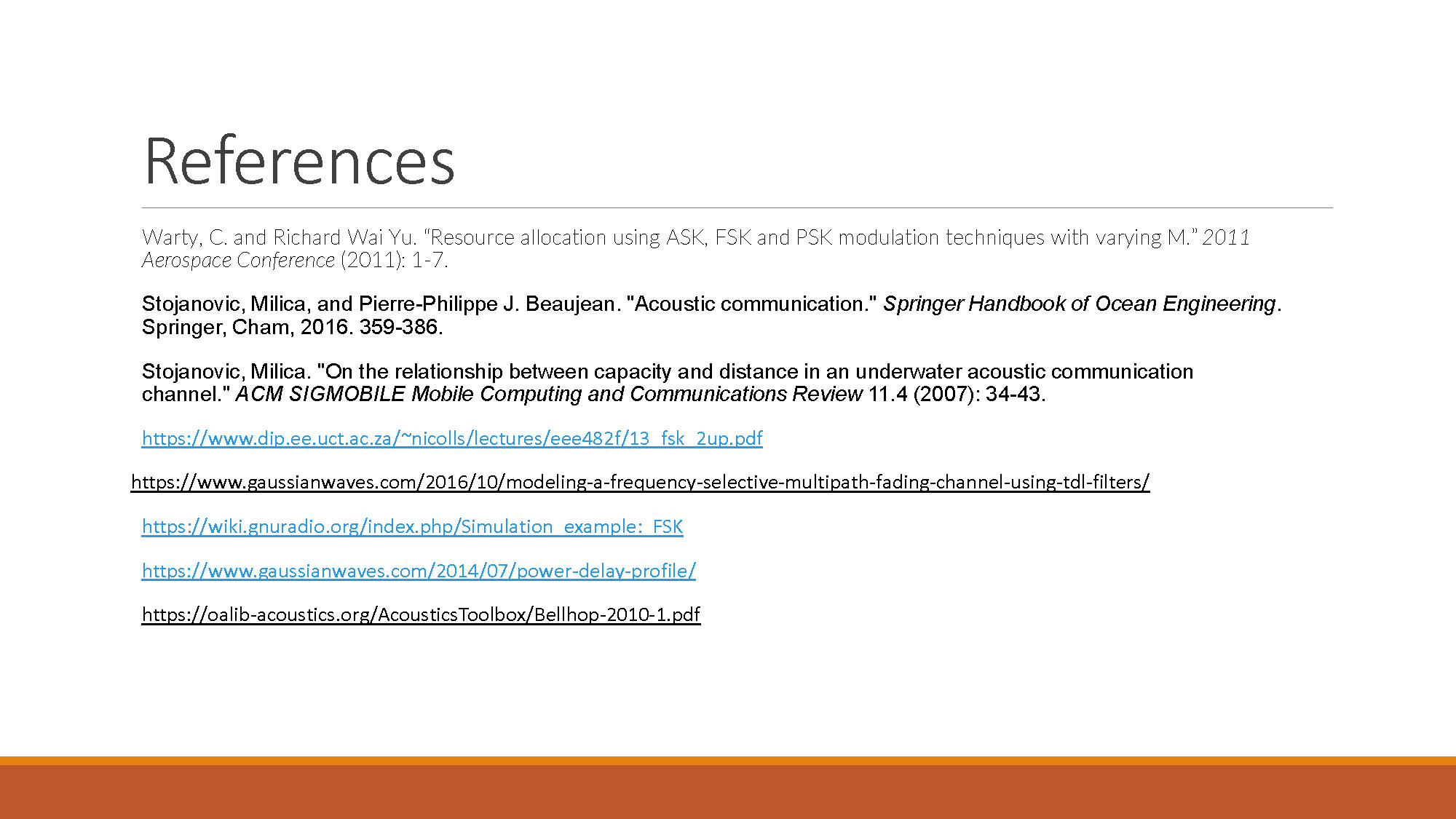 Slide 9: References listing multiple academic sources and online resources about acoustic communication and FSK modulation