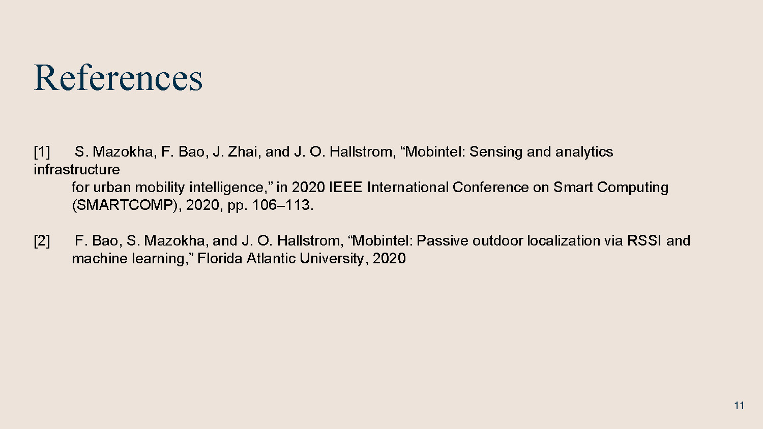 Slide 11: References listing two academic sources about mobility intelligence and RSSI localization
