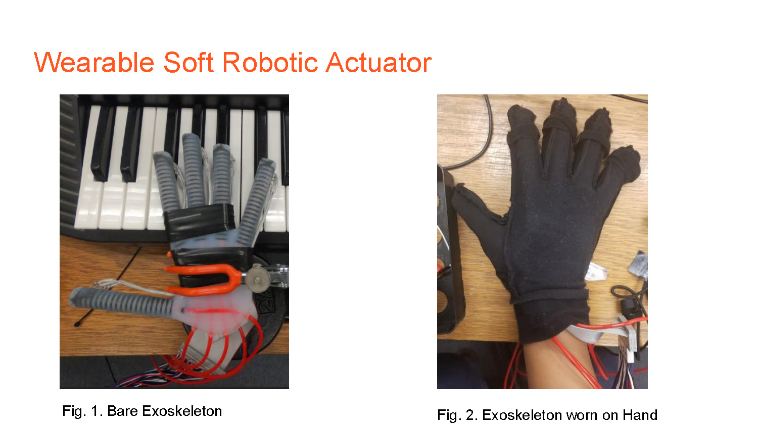 Slide 2: Wearable soft robotic actuator showing bare exoskeleton and exoskeleton worn on hand