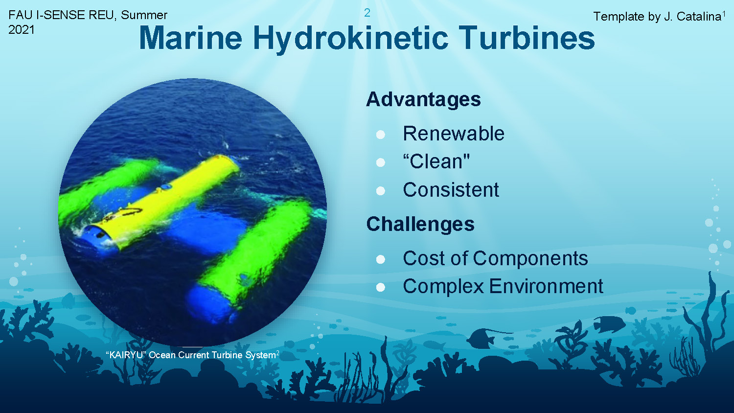 Slide 2: Marine Hydrokinetic Turbines overview showing advantages, challenges, and KAIRYU Ocean Current Turbine System image