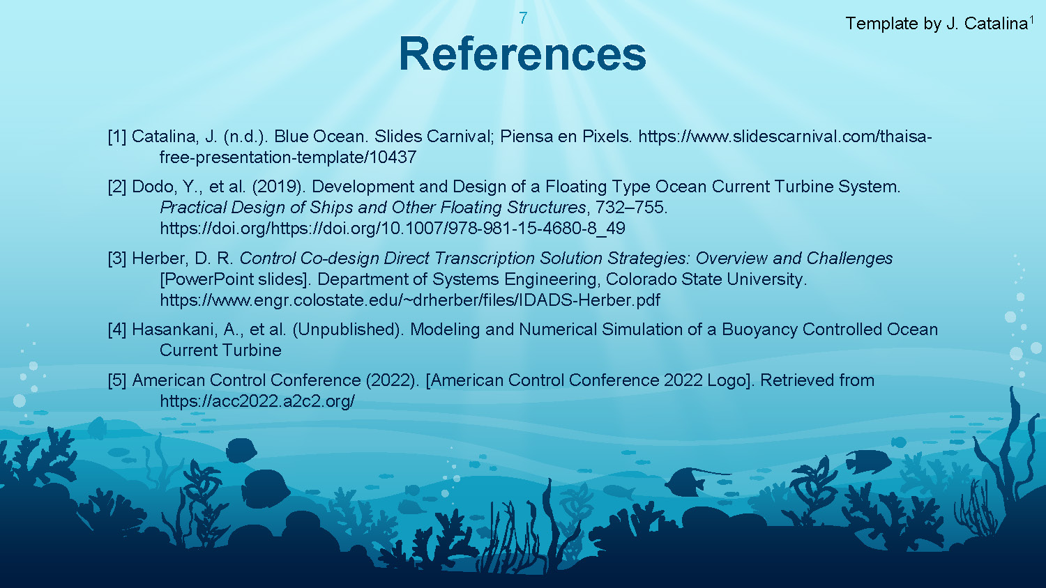 Slide 7: References page listing 5 academic and web sources