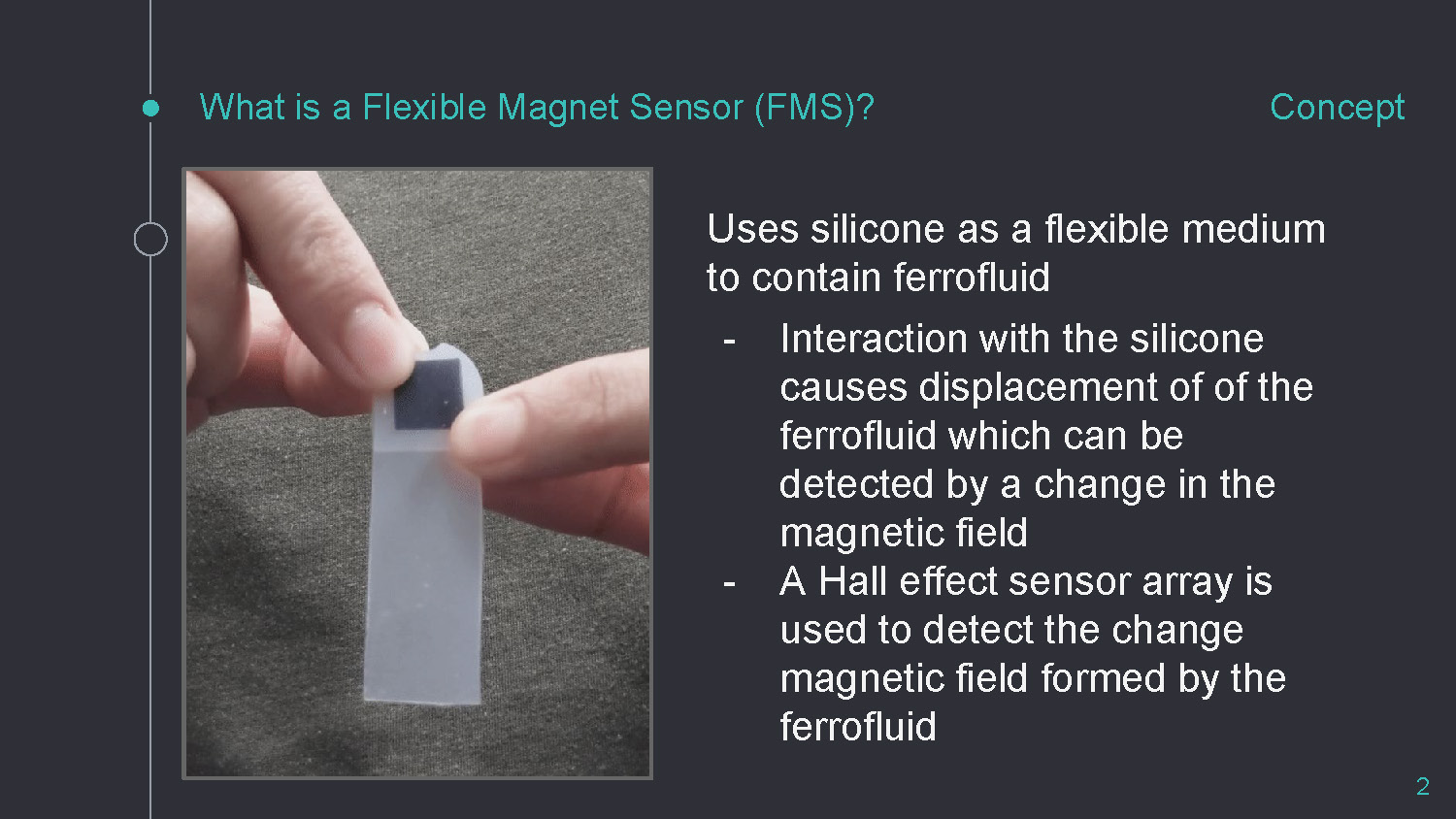 Slide 2: Concept section explaining what a Flexible Magnet Sensor is with technical details