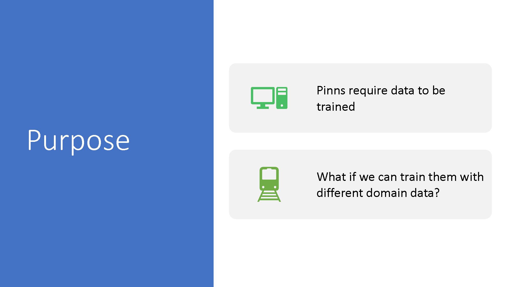 Slide 3: Purpose — PINNs require data to be trained; question: what if we can train them with different domain data?