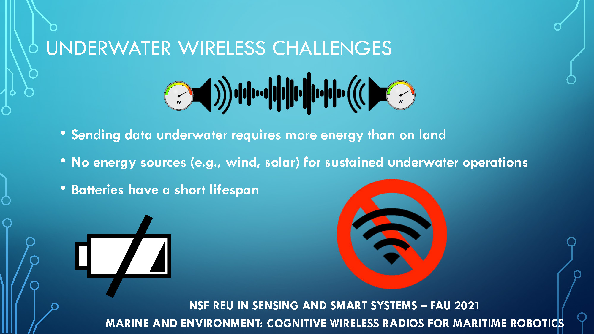 Slide 2: Underwater wireless challenges — bullets listing energy requirements, lack of energy sources underwater, short battery lifespan