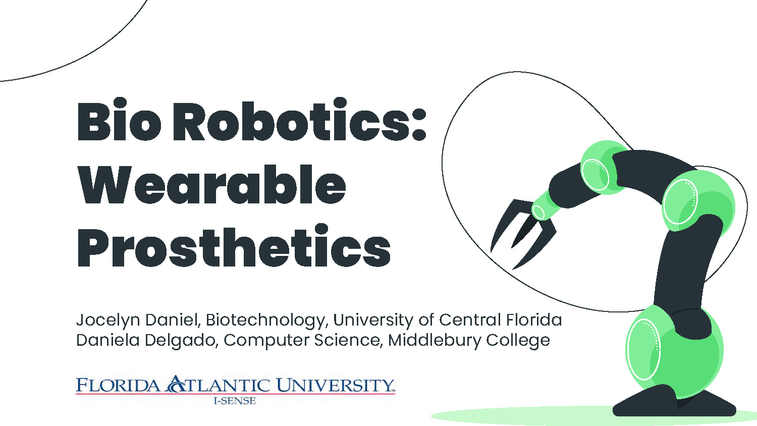 Slide 1: Title slide for Bio Robotics Wearable Prosthetics presentation by Jocelyn Daniel and Daniela Delgado