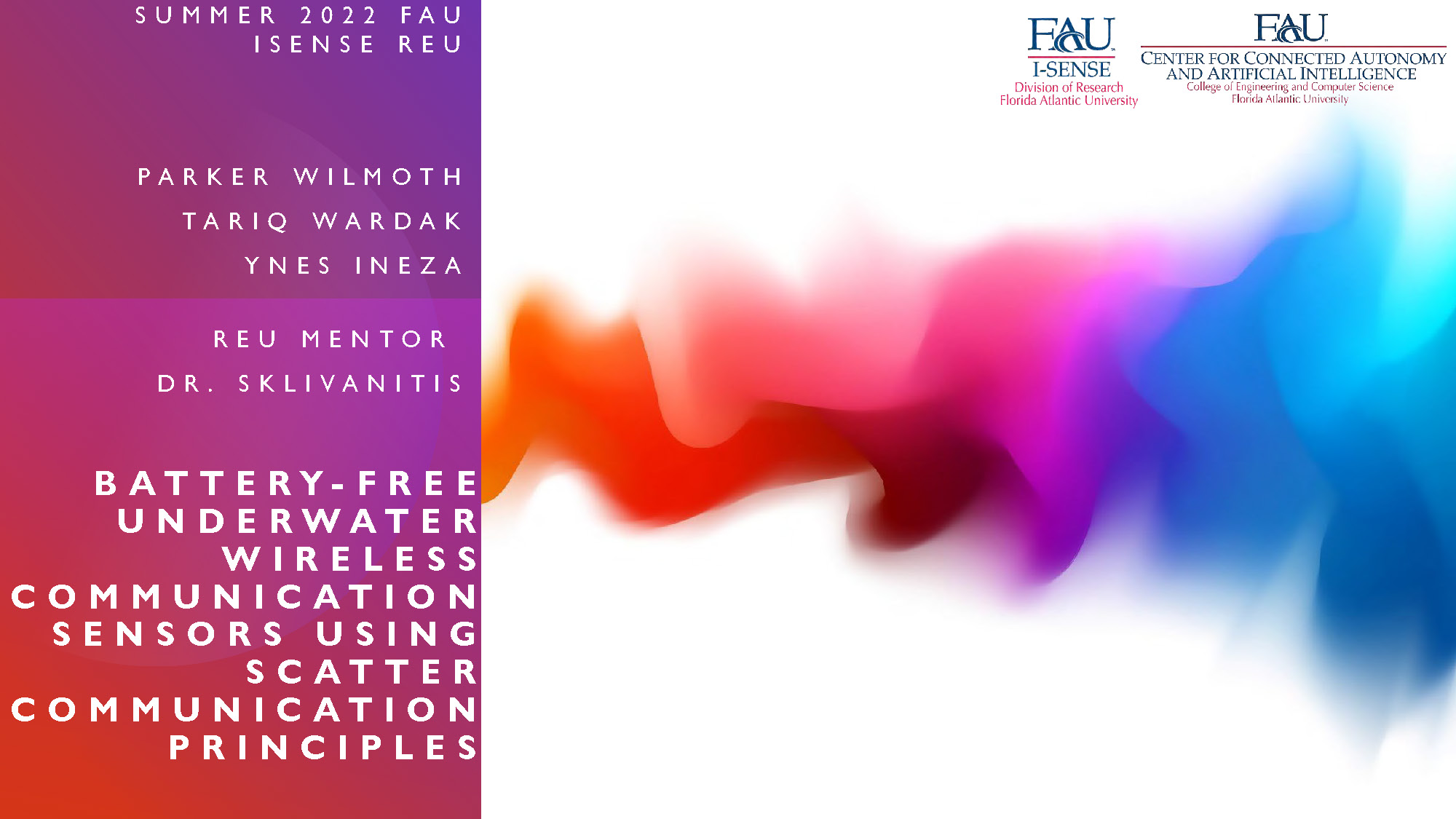 Slide 1: Title slide for Battery-Free Underwater Wireless Communication Sensors using Scatter Communication Principles