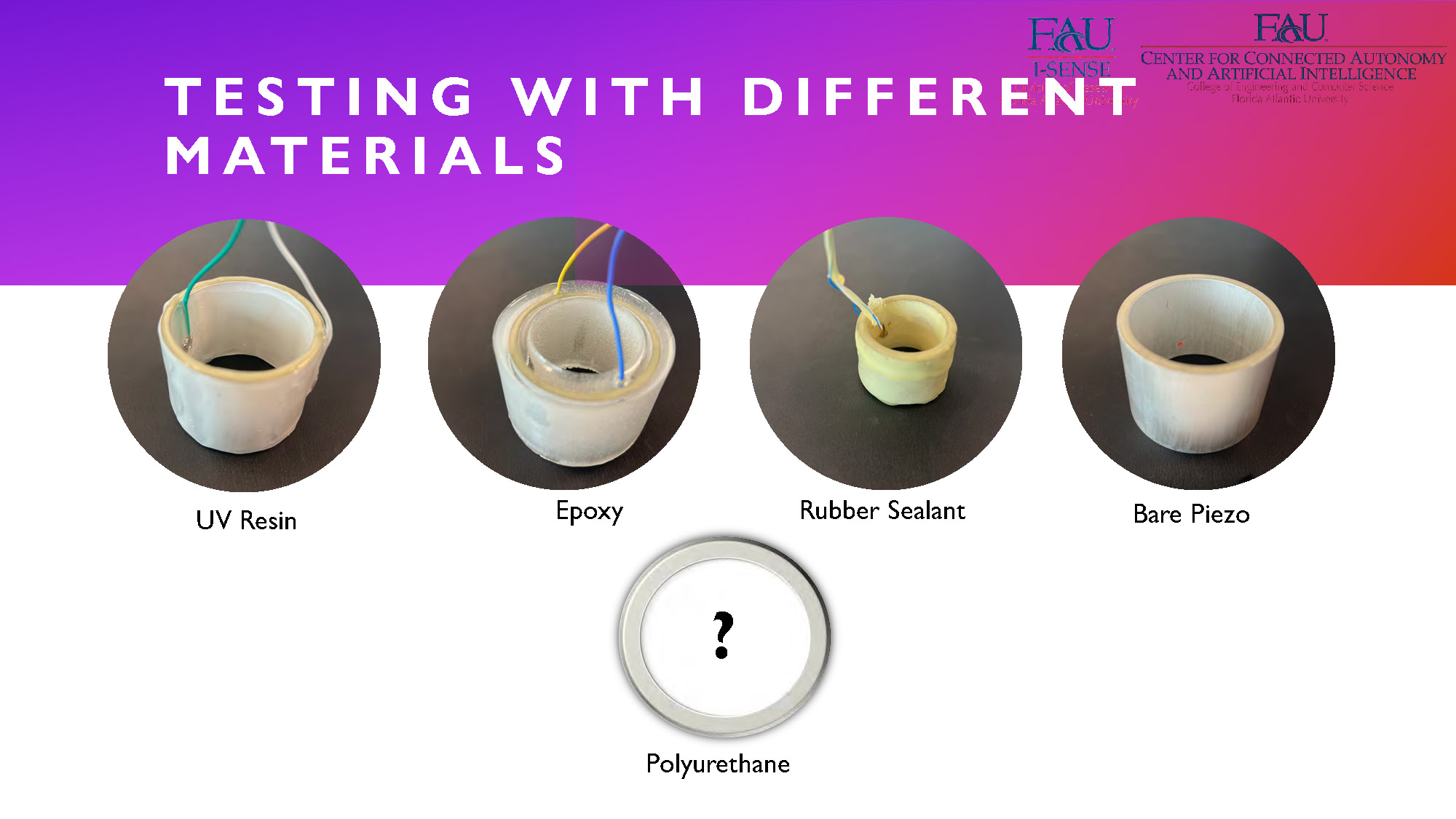 Slide 7: Testing with Different Materials showing various materials tested for sensor construction