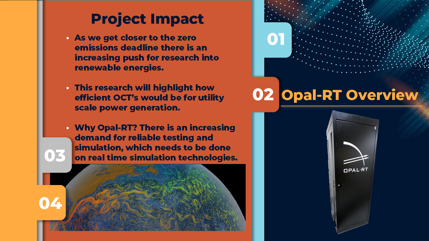 Slide 4: Project Impact discussing research importance and Opal-RT usage for real-time simulation