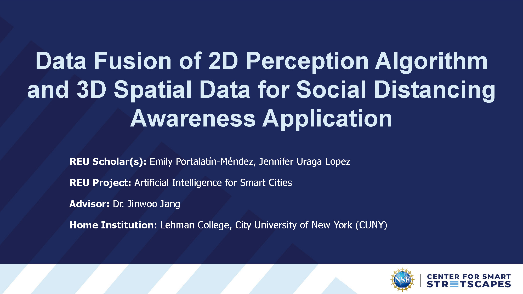 Slide 1: Title slide showing Data Fusion of 2D Perception Algorithm and 3D Spatial Data for Social Distancing Awareness Application