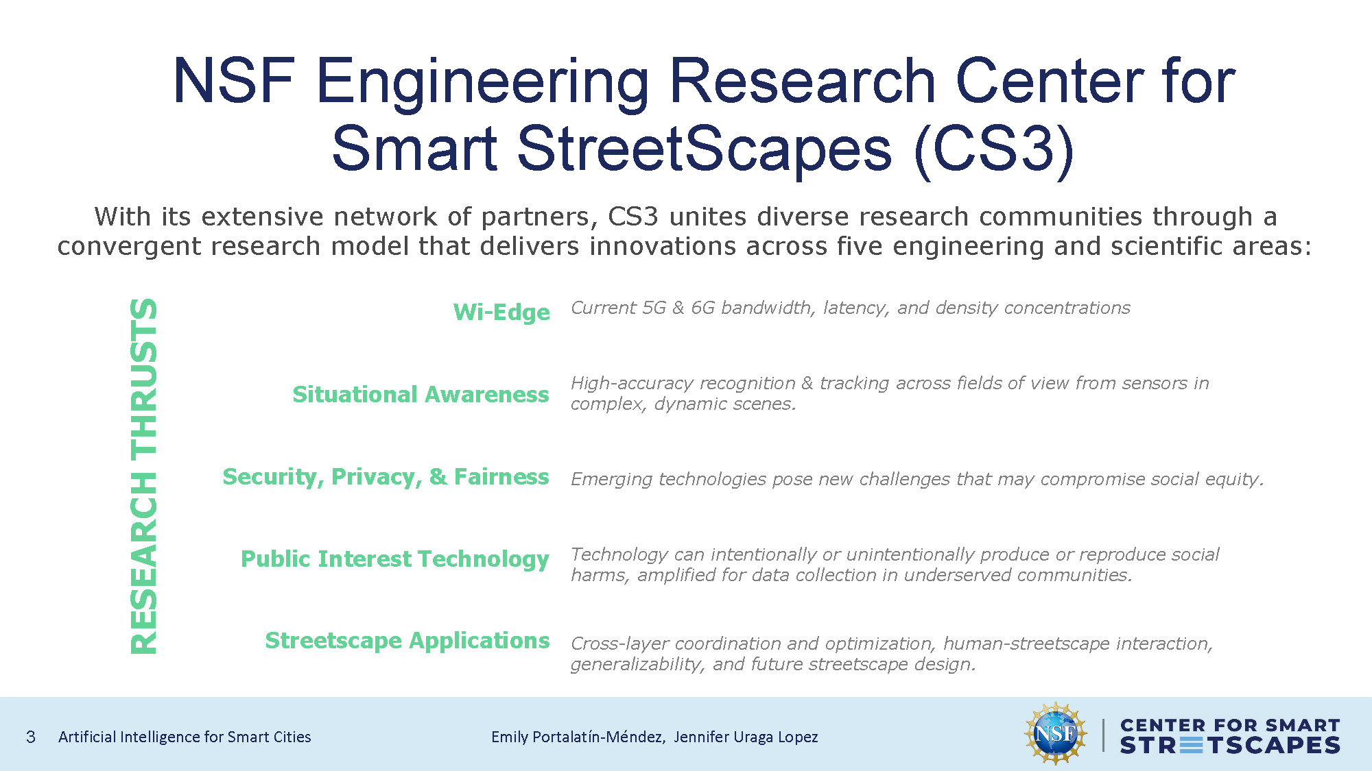 Slide 3: CS3 research thrusts diagram showing five engineering areas