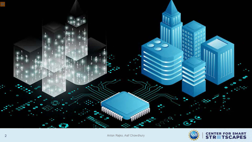 Slide 2: Illustration of glowing binary buildings on the left, solid blue buildings on the right, and a large computer chip in the center foreground with circuit lines.           