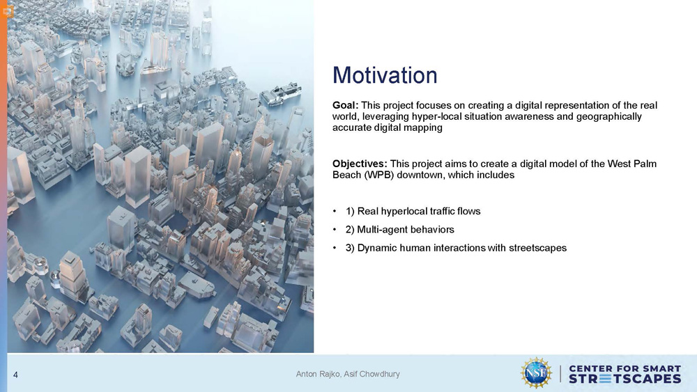 Slide 4: Motivation section outlining project goals and objectives for digital representation of West Palm Beach