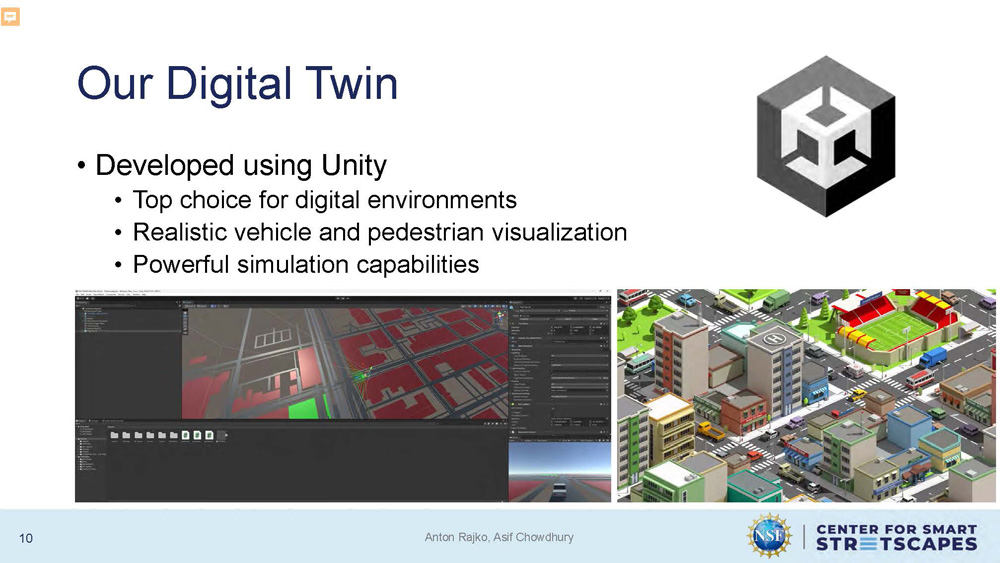 Slide 10: Digital twin description explaining Unity development platform and visualization capabilities