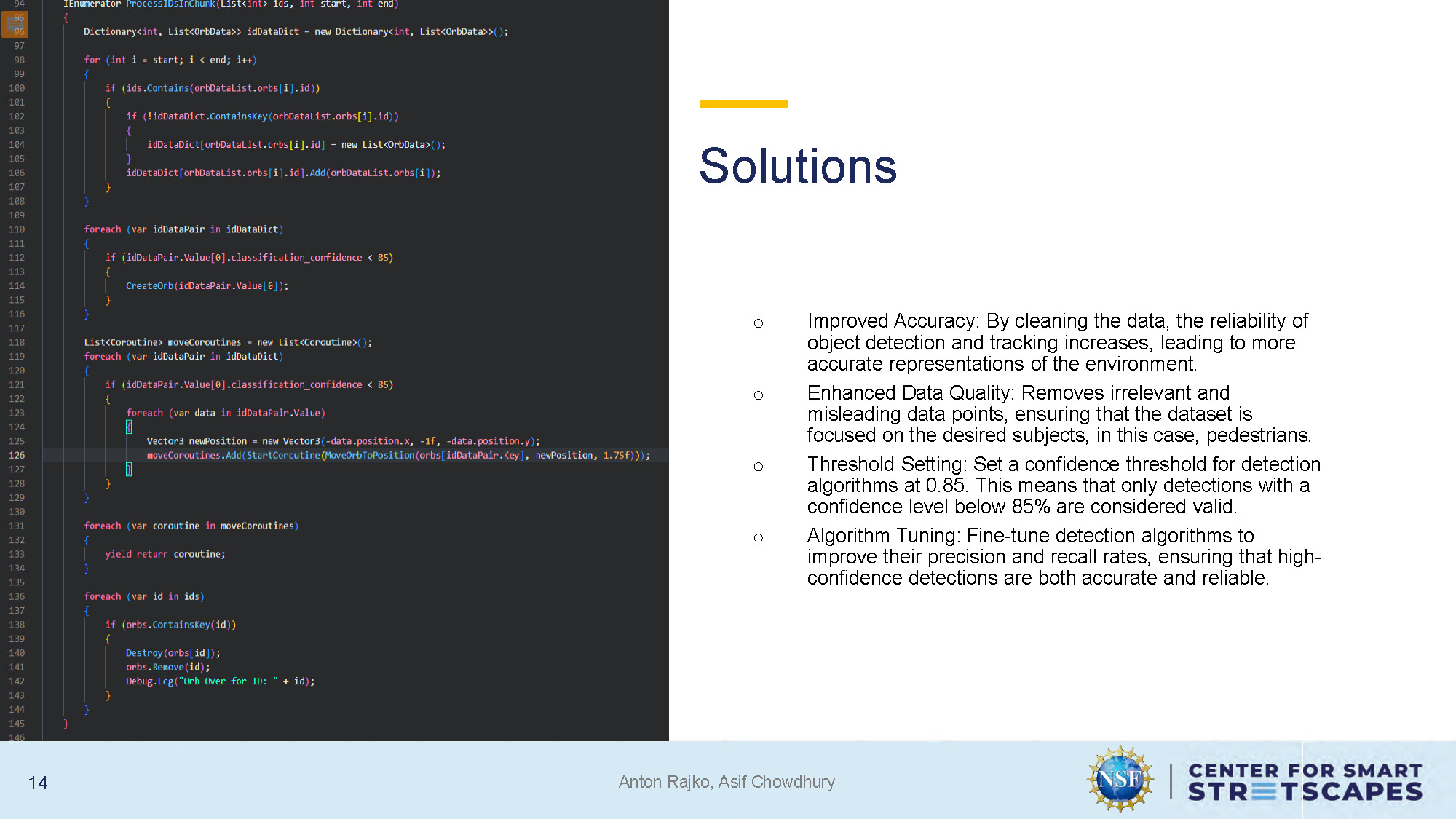 Slide 13: Solutions explaining improved accuracy, data quality enhancements, threshold setting, and algorithm tuning