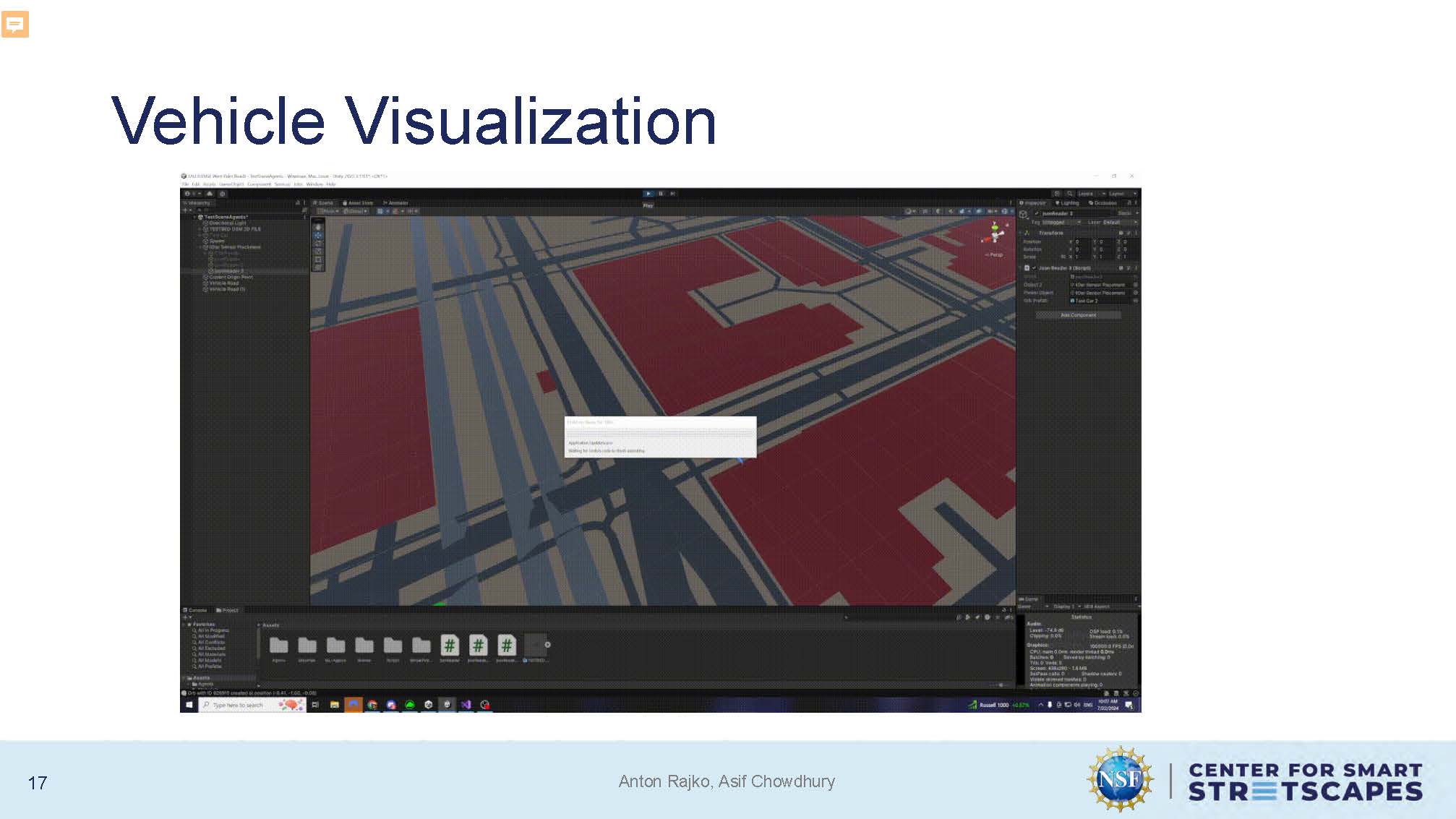 Slide 17: Vehicle visualization showing Unity environment with vehicles and urban scene