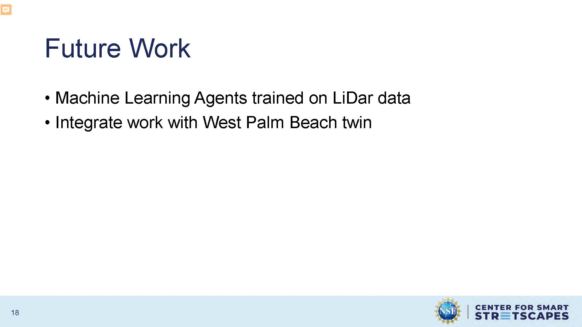 Slide 18: Future work outlining machine learning agents and West Palm Beach twin integration