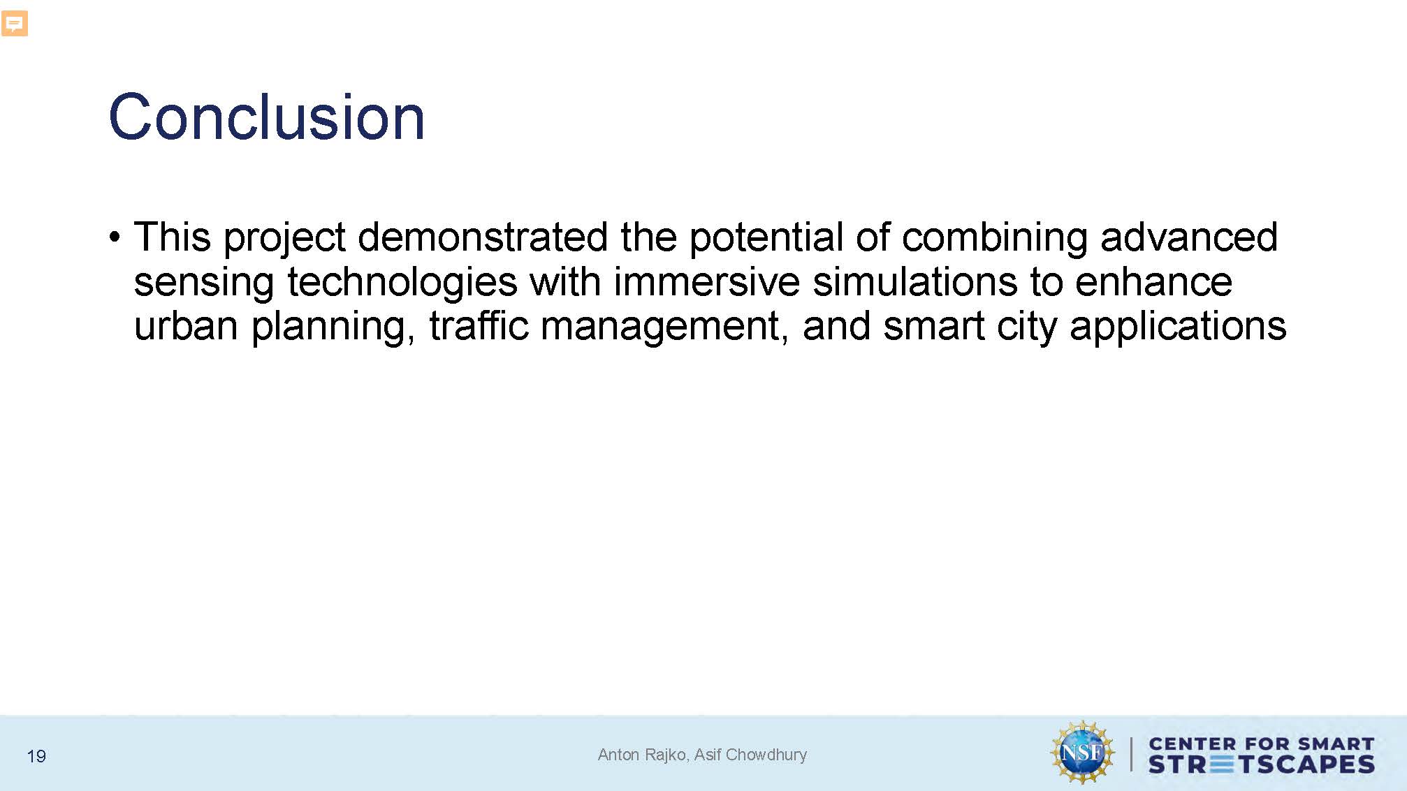 Slide 19: Conclusion summarizing project potential for urban planning and smart city applications
