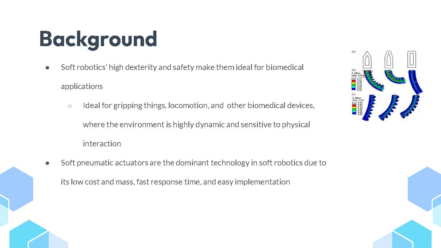 Slide 3: Background section explaining soft robotics applications and soft pneumatic actuators